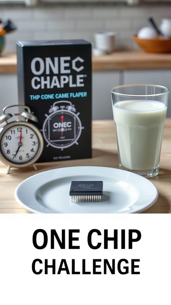 One Chip Challenge packaging with a single chip on a plate and a glass of milk.